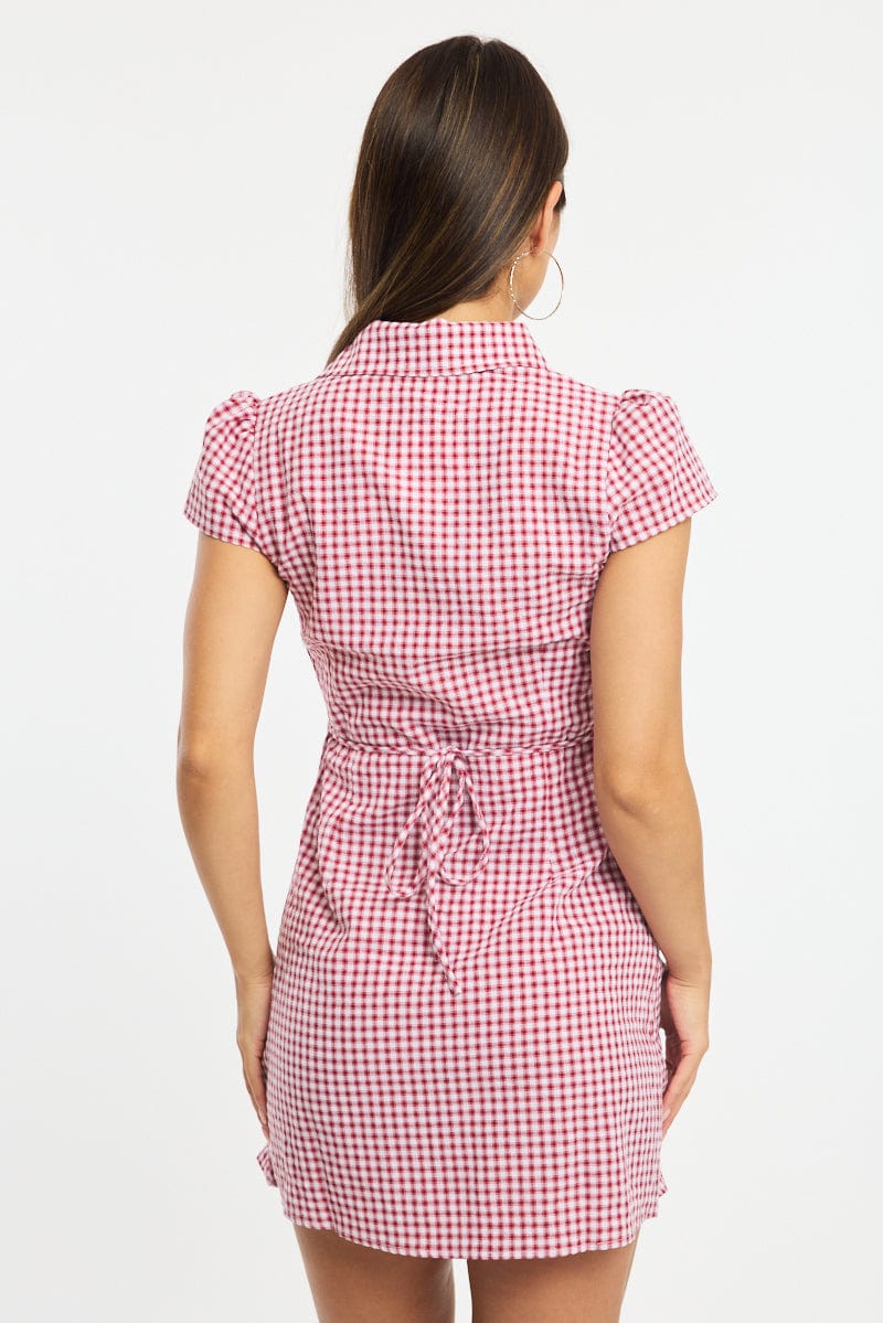 Red Check Mini Dress Collared