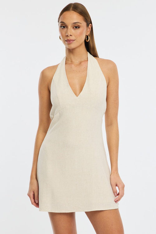 Beige Mini Dress V-Neck