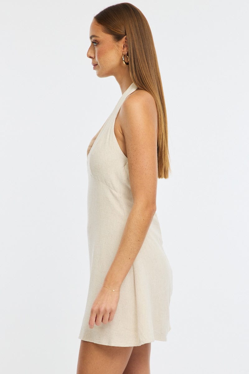 Beige Mini Dress V-Neck