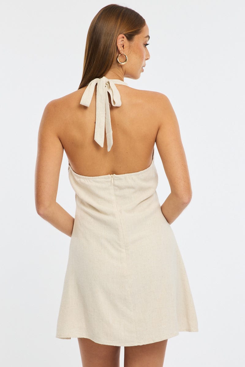Beige Mini Dress V-Neck
