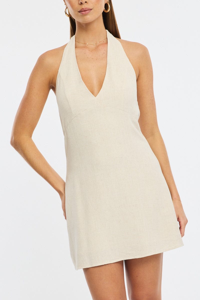 Beige Mini Dress V-Neck