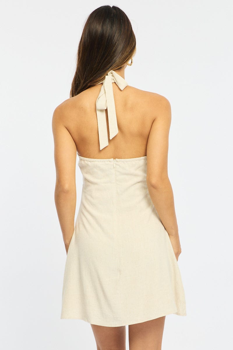 Beige Mini Dress V-Neck