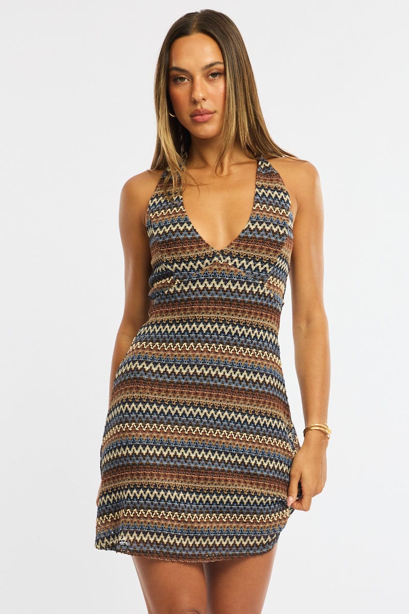 Multi Stripe Mini Dress V-Neck