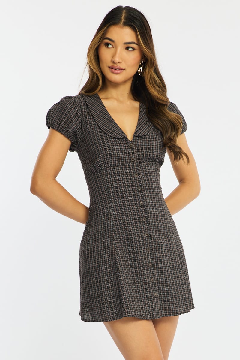 Brown Check Shirts Dress Collared Mini