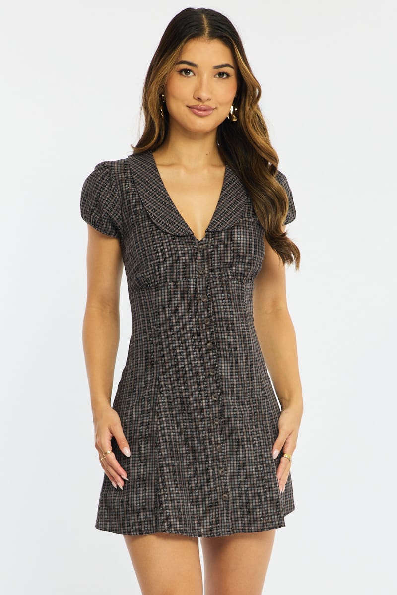 Brown Check Shirts Dress Collared Mini