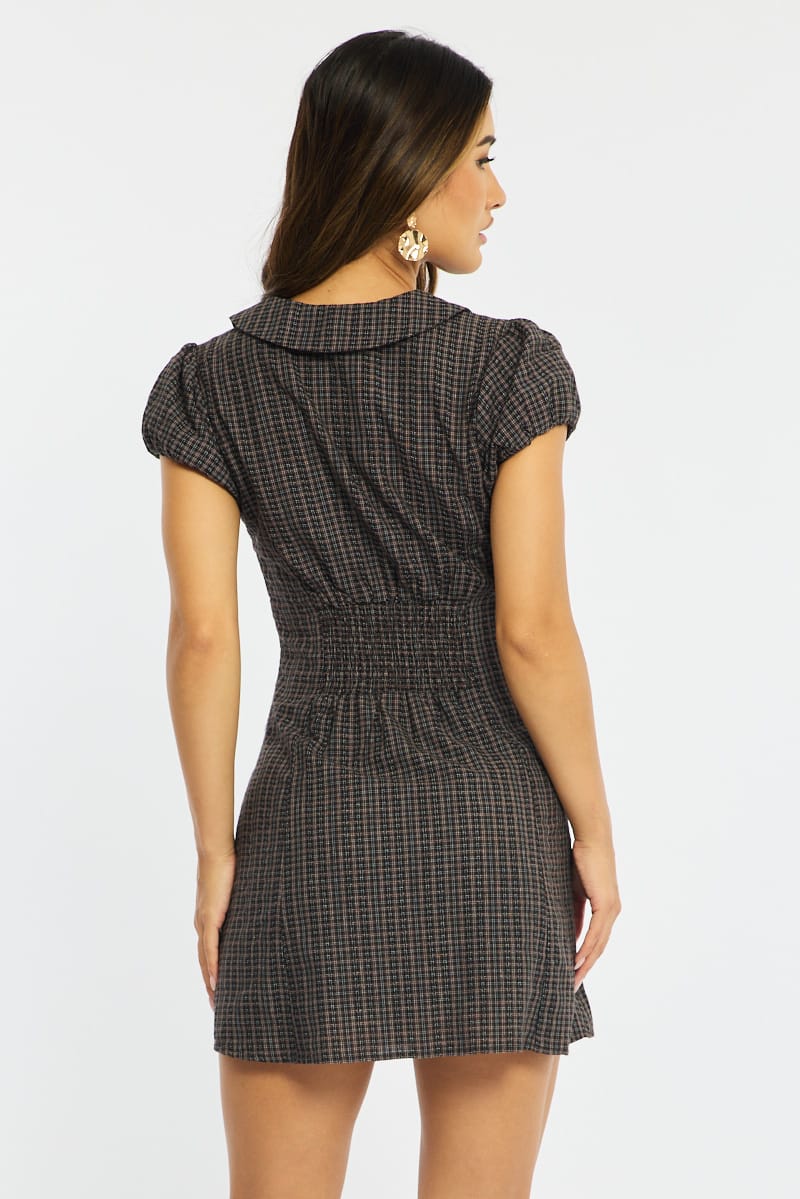 Brown Check Shirts Dress Collared Mini
