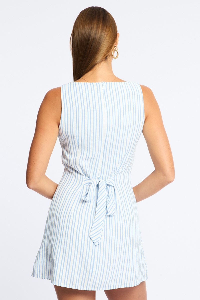 Blue Stripe Mini Dress Boat Neck