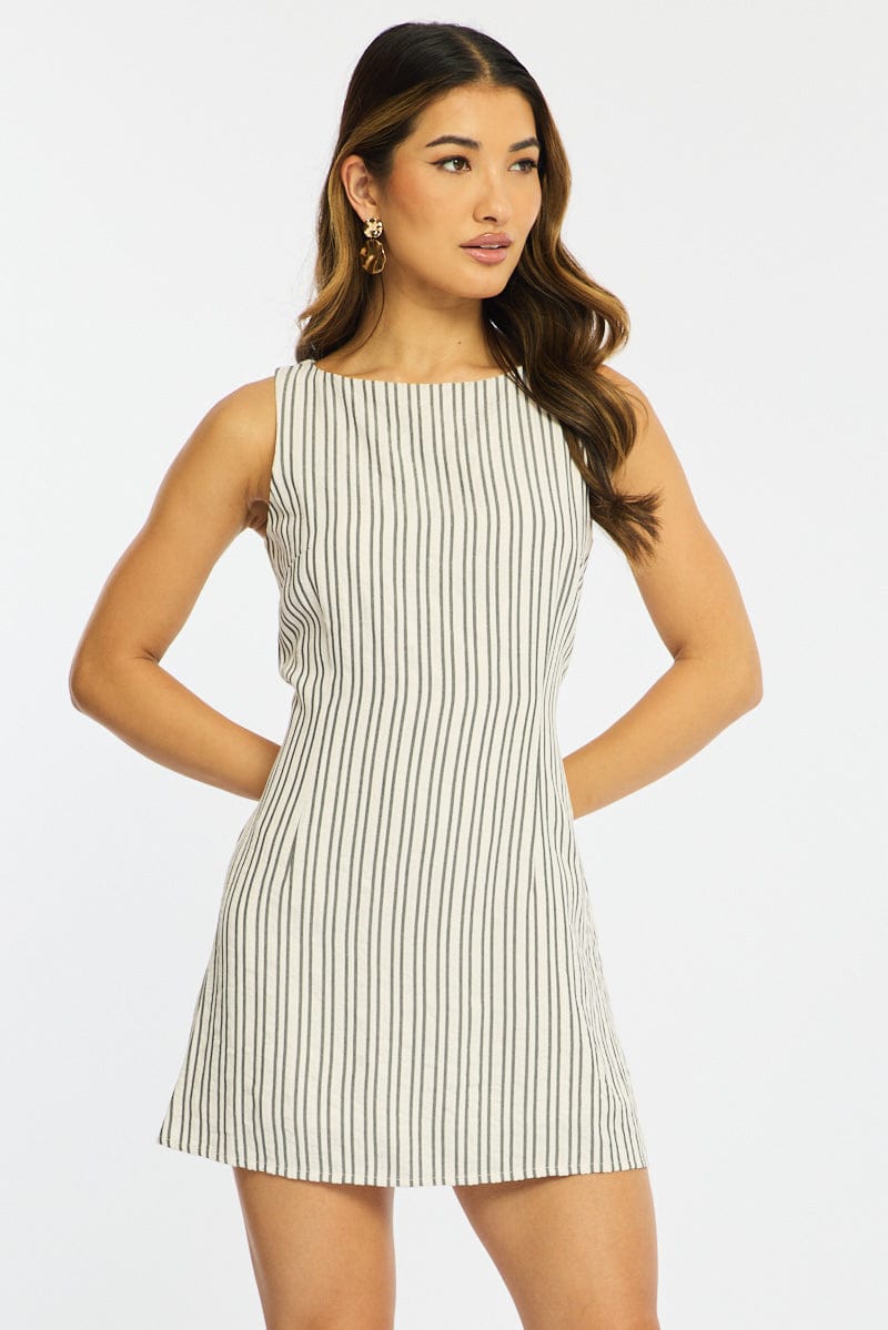 Black Stripe Mini Dress Boat Neck