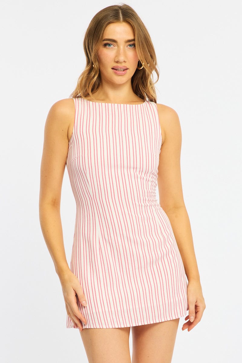 Red Stripe Mini Dress Boat Neck