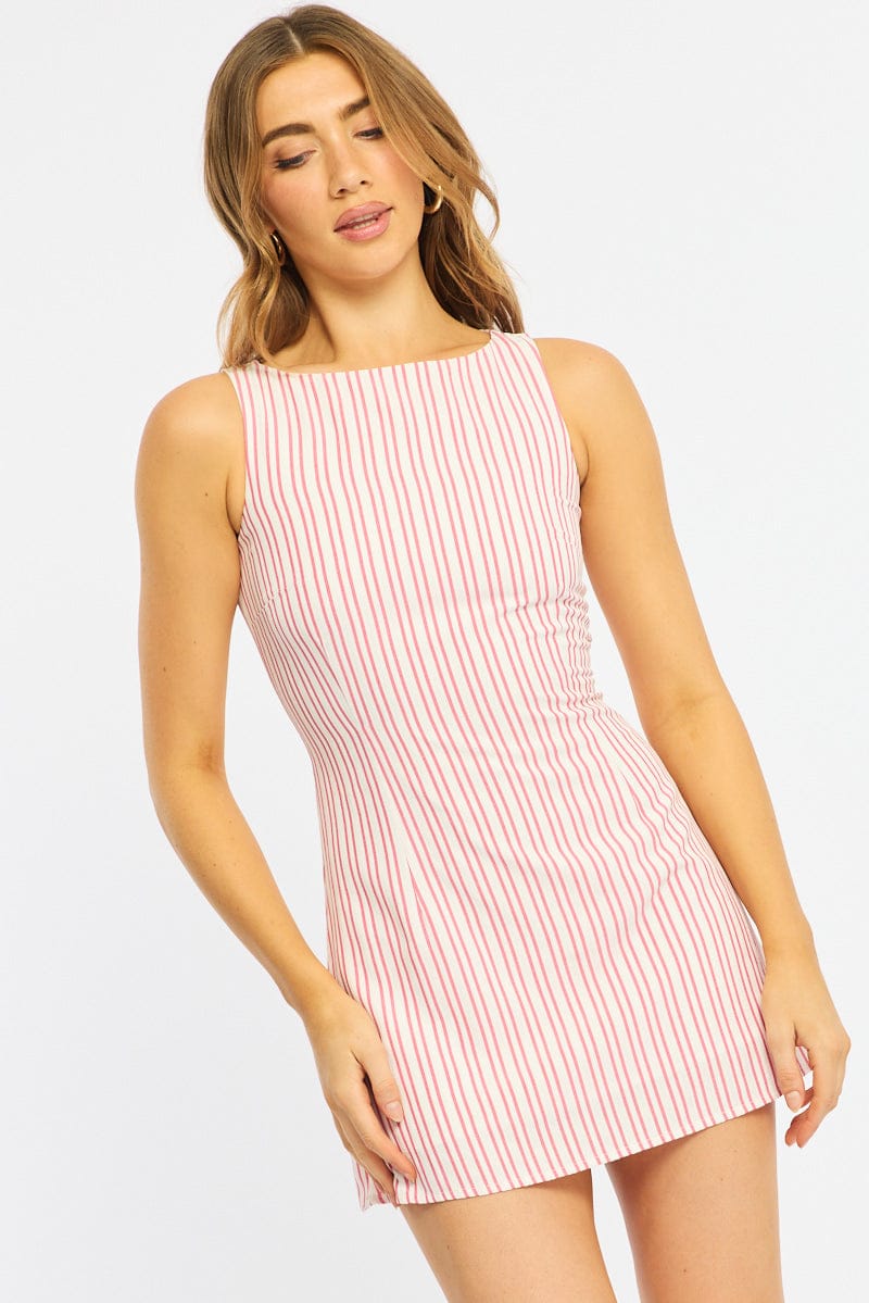 Red Stripe Mini Dress Boat Neck