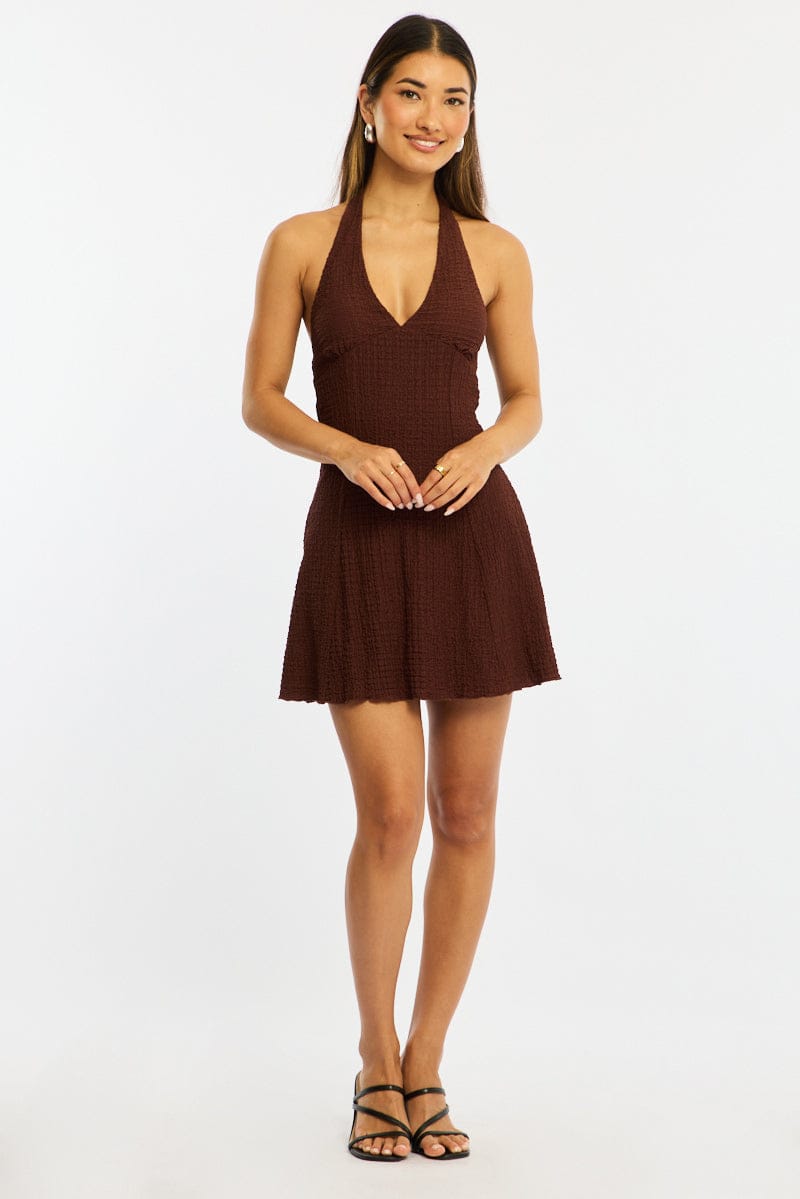 Brown Halter Neck Dress Mini