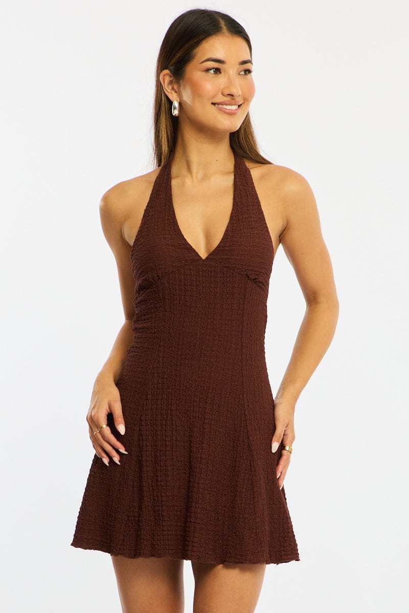Brown Halter Neck Dress Mini