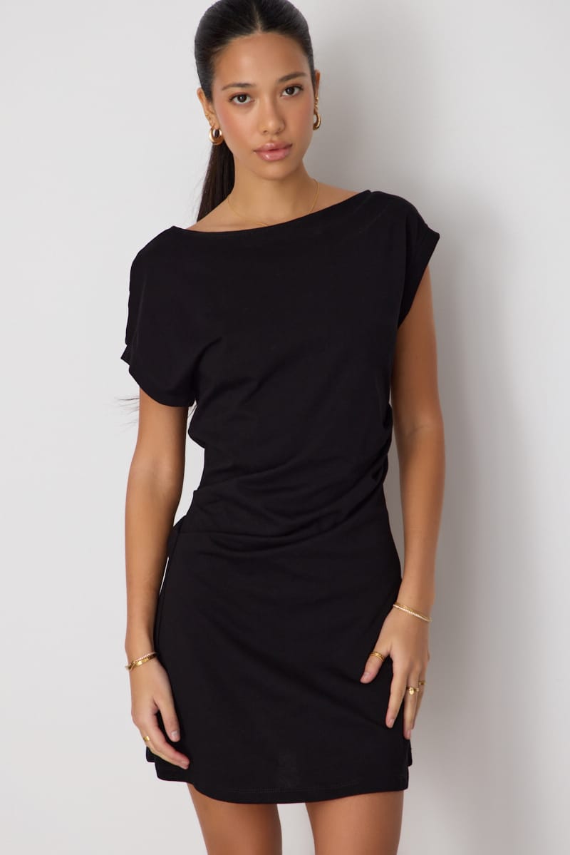 Black Asymmetrical Neckline Mini Dress