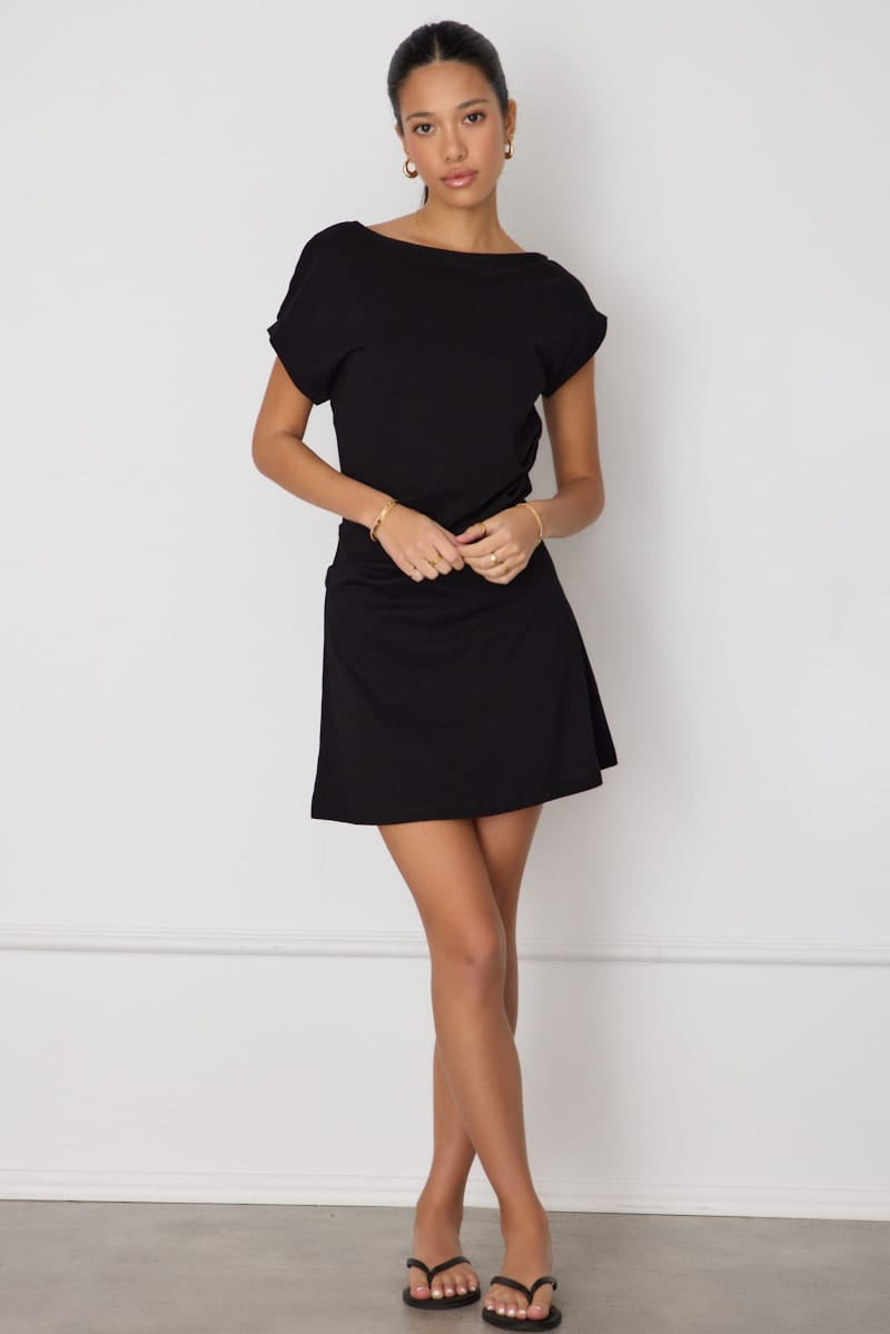 Black Asymmetrical Neckline Mini Dress