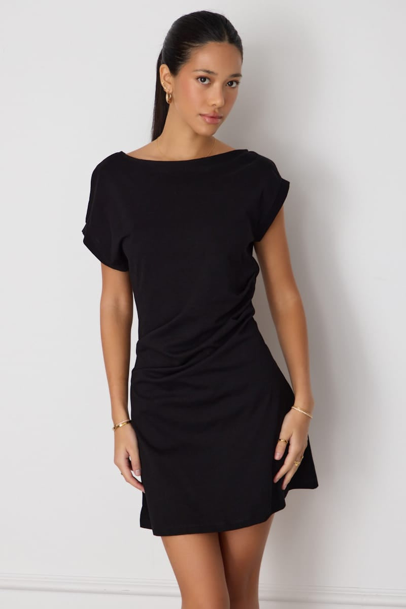 Black Asymmetrical Neckline Mini Dress