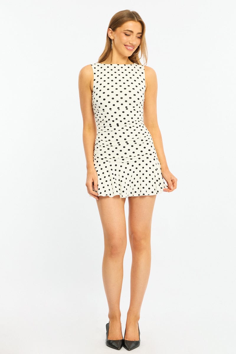 White Polka Dot Mini Dress Boat Neck