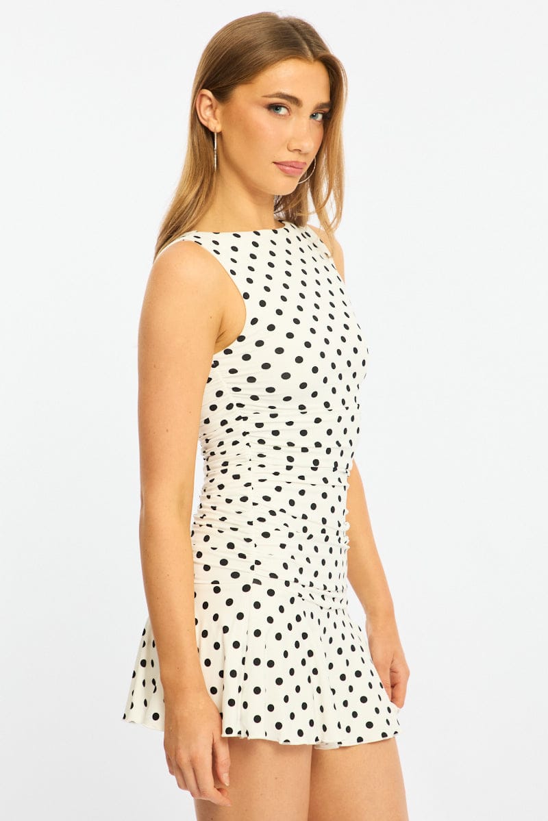 White Polka Dot Mini Dress Boat Neck
