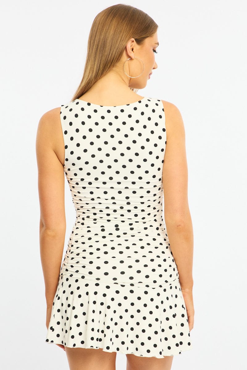 White Polka Dot Mini Dress Boat Neck
