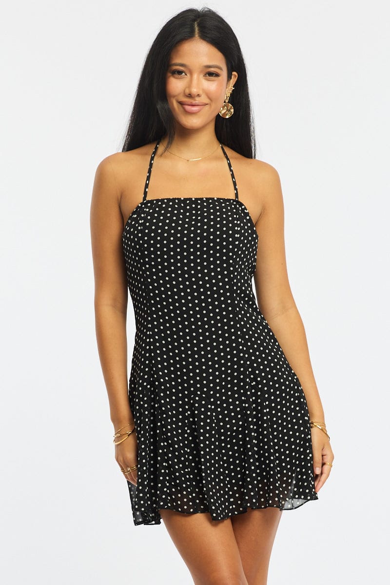 Black Polka Dot Fit And Flare Dress Mini