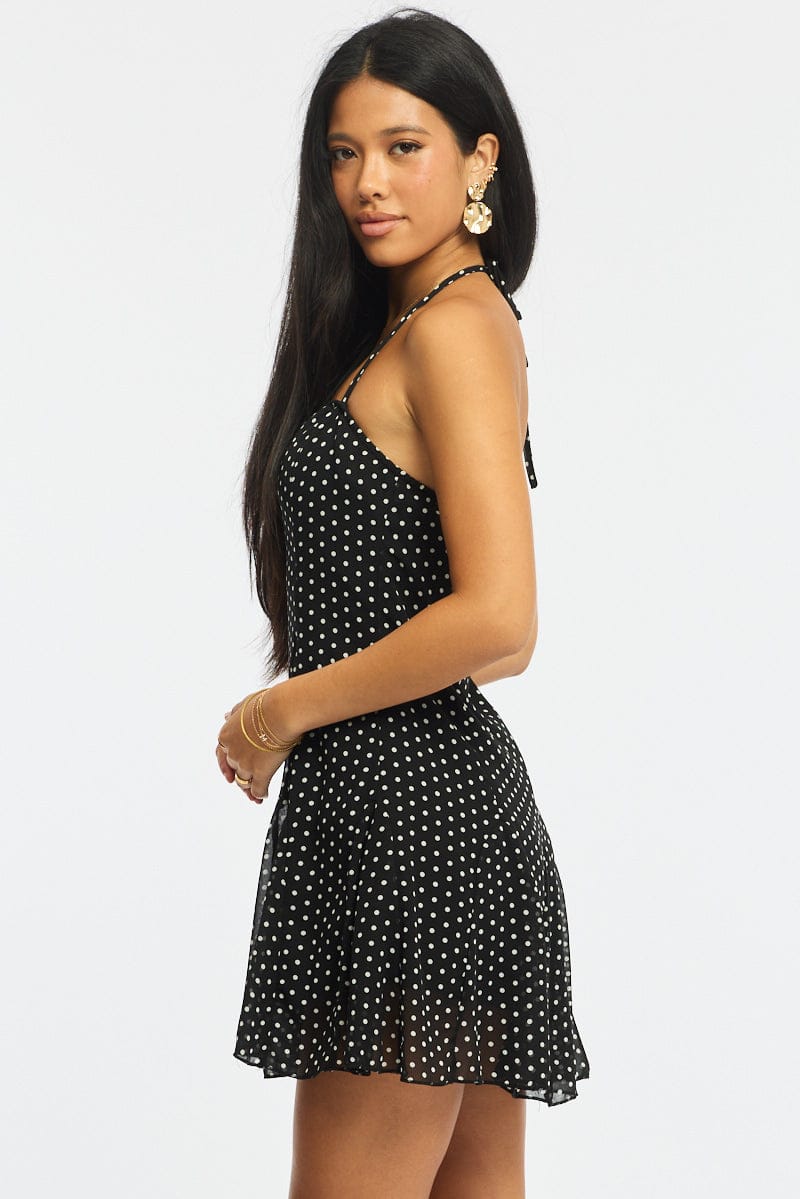 Black Polka Dot Fit And Flare Dress Mini