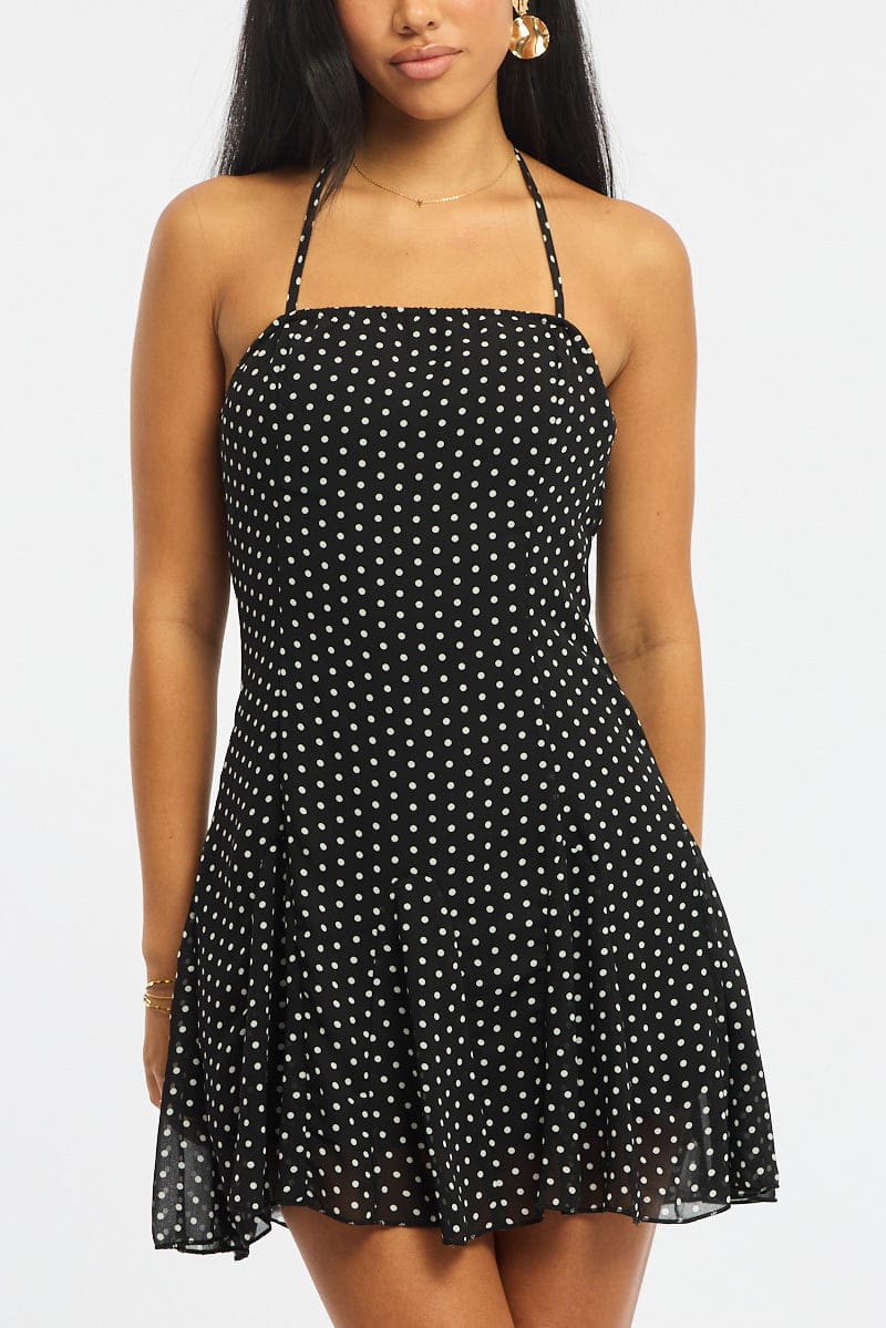 Black Polka Dot Fit And Flare Dress Mini