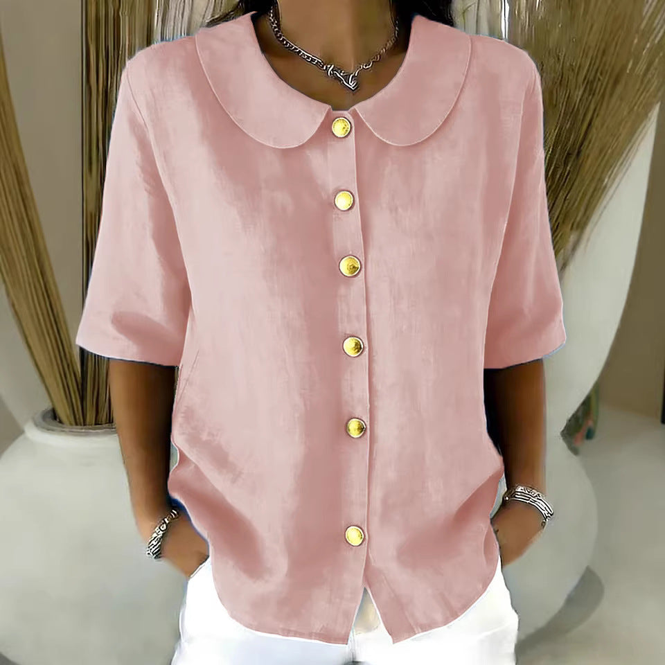 Elegant And Cotton-Linen Short-Sleeve Shirt With Buttons
