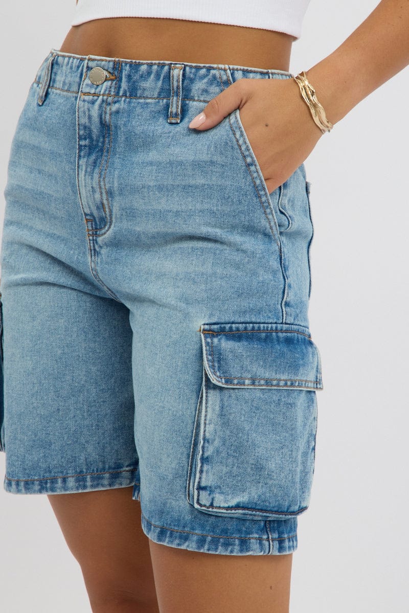 Denim Cargo Shorts High Rise