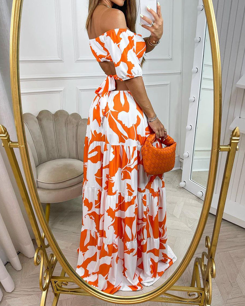 Off-The-Shoulder Printed Cutout Lace-Up Dress