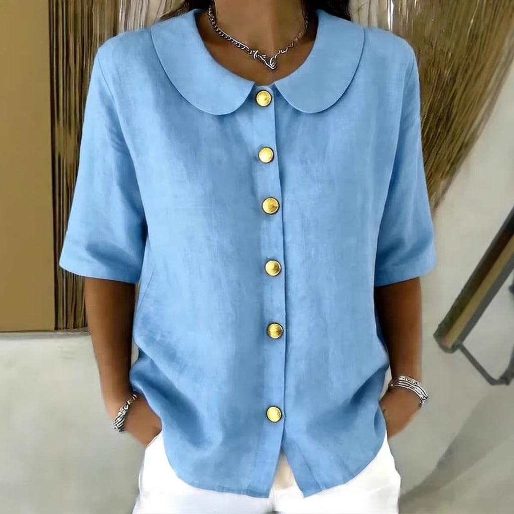 Elegant And Cotton-Linen Short-Sleeve Shirt With Buttons