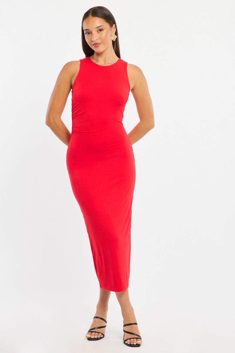 Red Bodycon Dress Round Neck Sleeveless