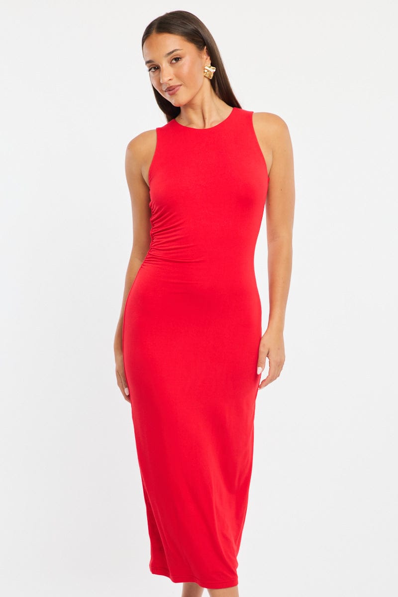 Red Bodycon Dress Round Neck Sleeveless