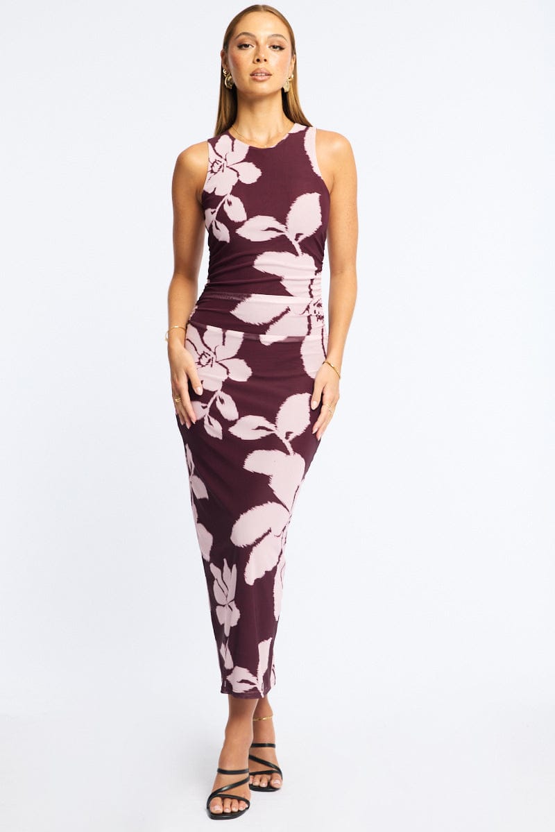 Purple Floral Bodycon Dress Sleeveless Mesh