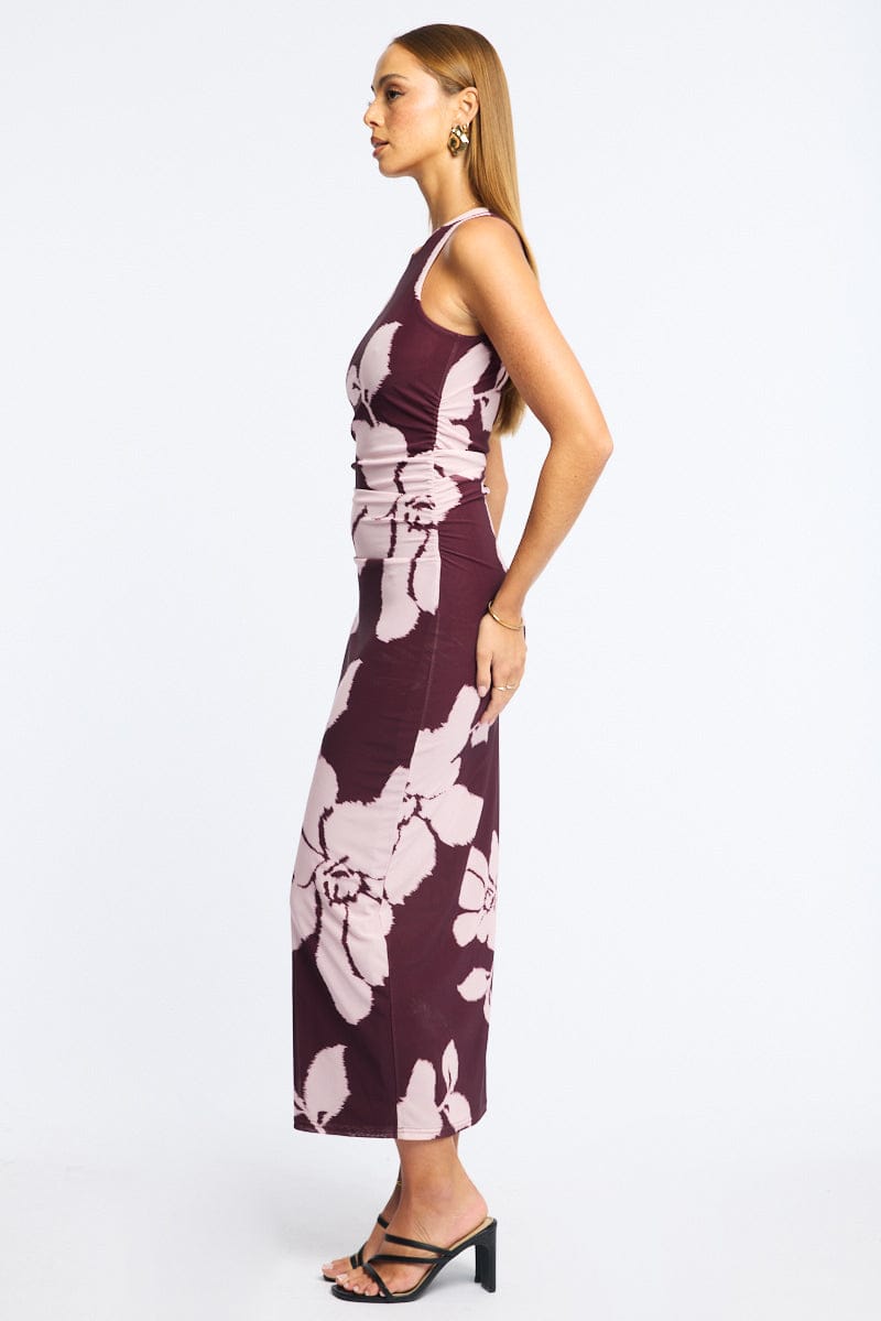 Purple Floral Bodycon Dress Sleeveless Mesh