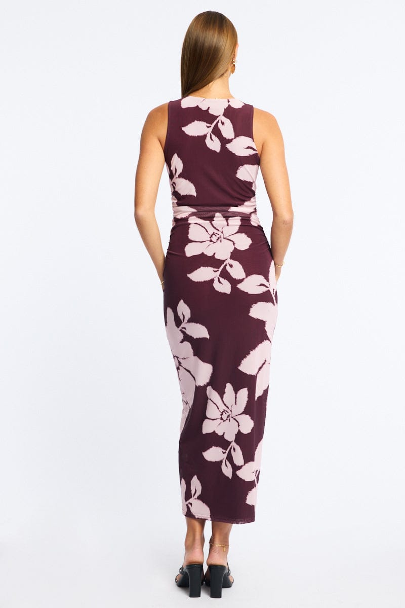 Purple Floral Bodycon Dress Sleeveless Mesh