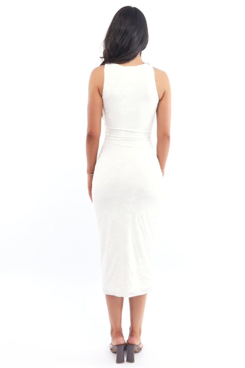 White Bodycon Dress Round Neck Sleeveless Burnout