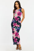 Purple Floral Bodycon Dress Sleeveless Mesh