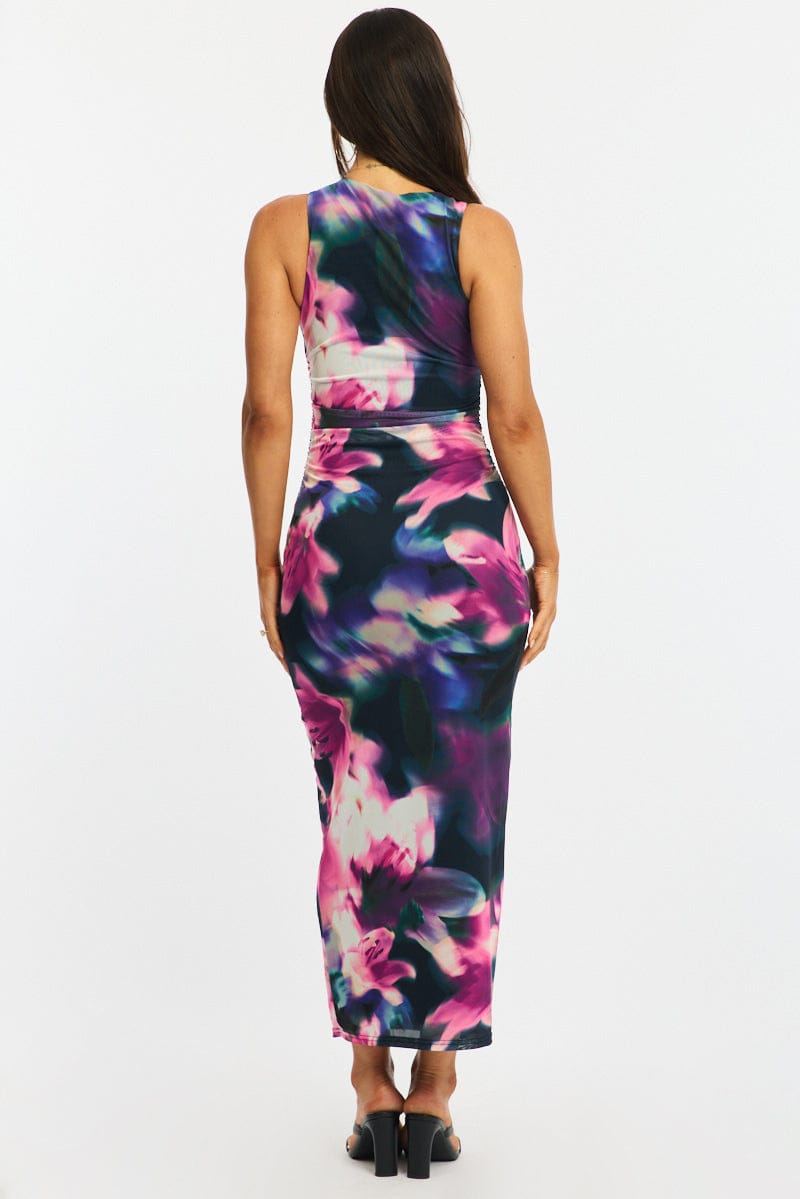 Purple Floral Bodycon Dress Sleeveless Mesh