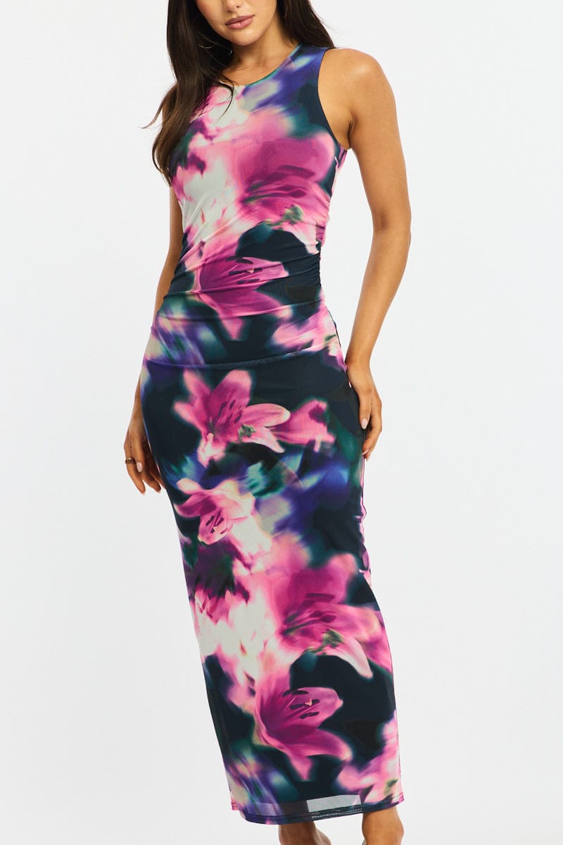 Purple Floral Bodycon Dress Sleeveless Mesh