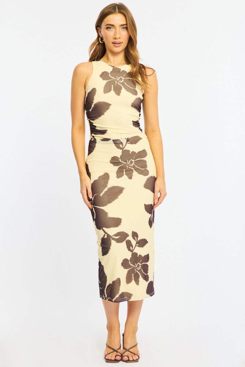 Yellow Floral Bodycon Dress Sleeveless Mesh
