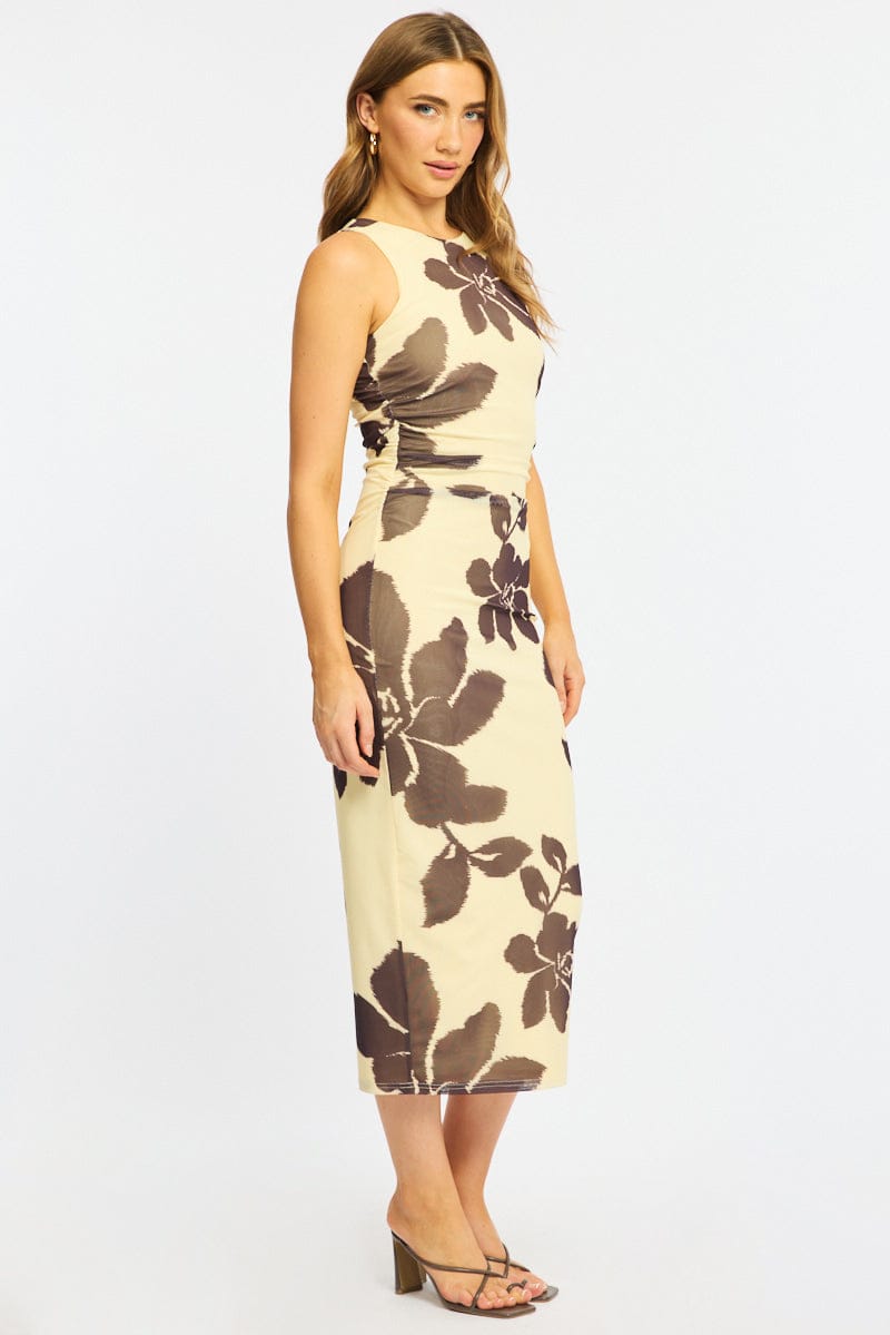 Yellow Floral Bodycon Dress Sleeveless Mesh