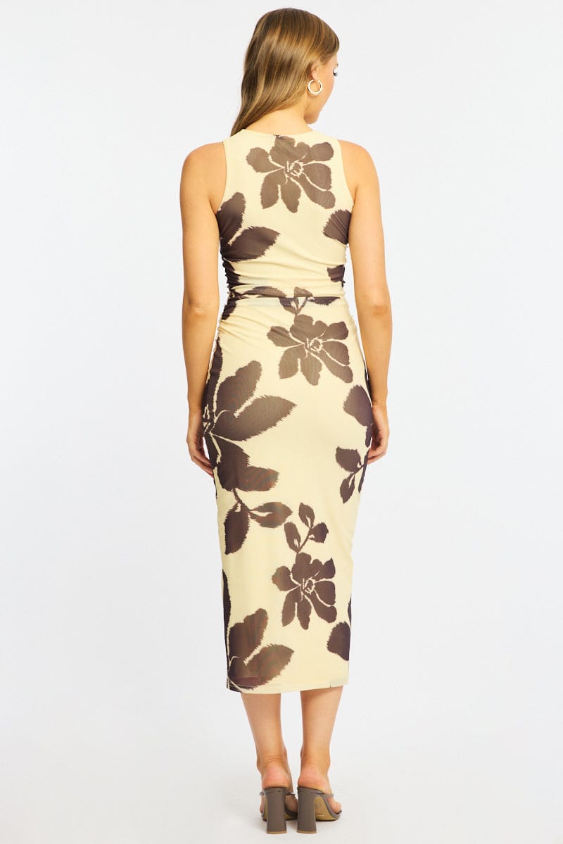 Yellow Floral Bodycon Dress Sleeveless Mesh