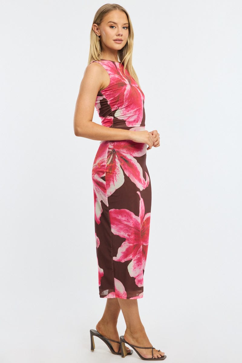 Brown Floral Bodycon Dress Sleeveless Mesh