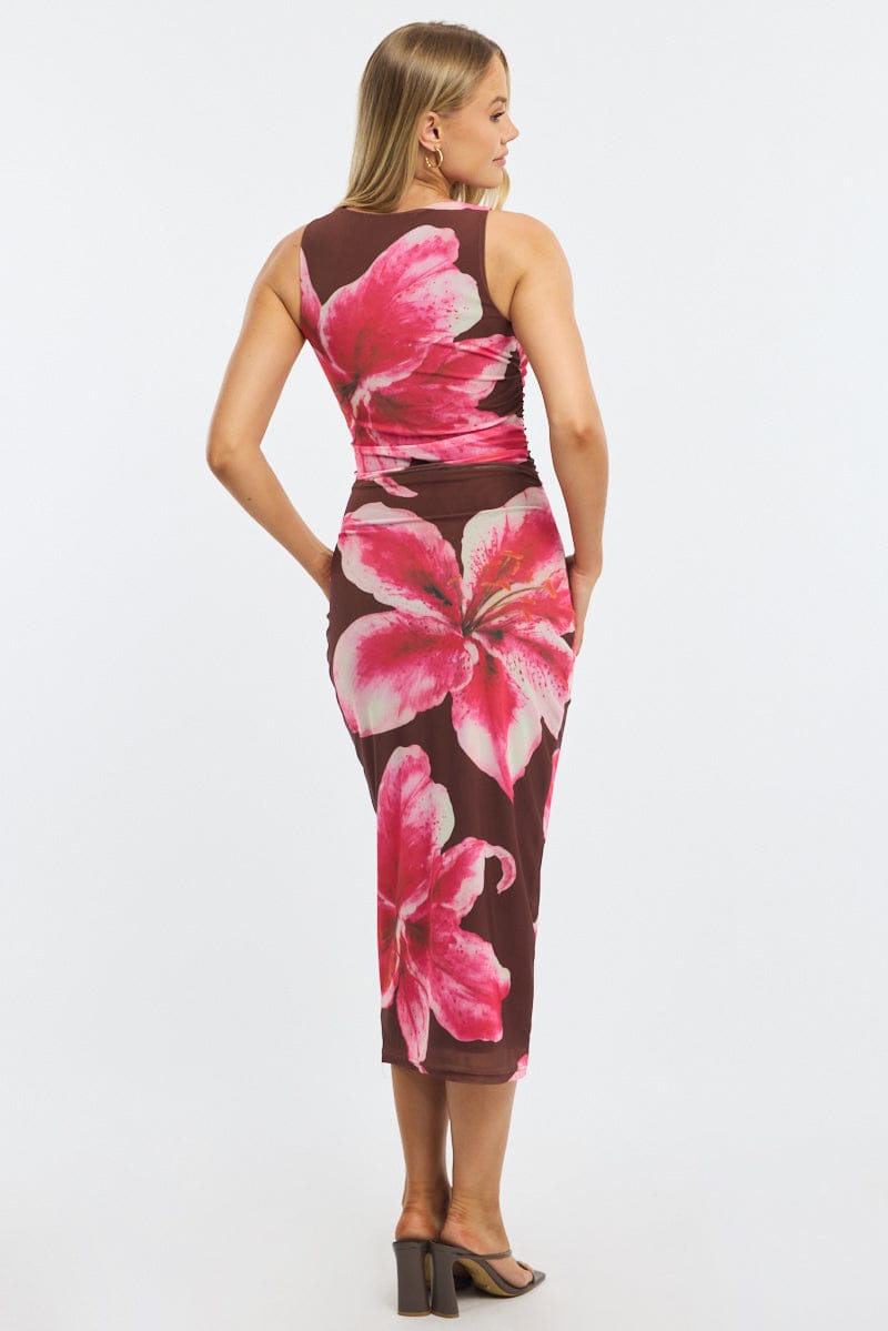 Brown Floral Bodycon Dress Sleeveless Mesh
