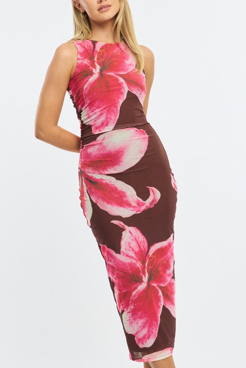 Brown Floral Bodycon Dress Sleeveless Mesh