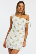White Floral Bodycon Dress Tie Up Shoulder