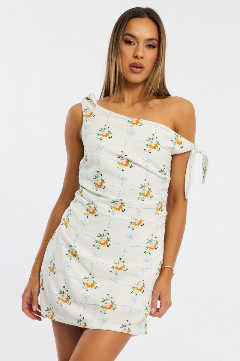 White Floral Bodycon Dress Tie Up Shoulder