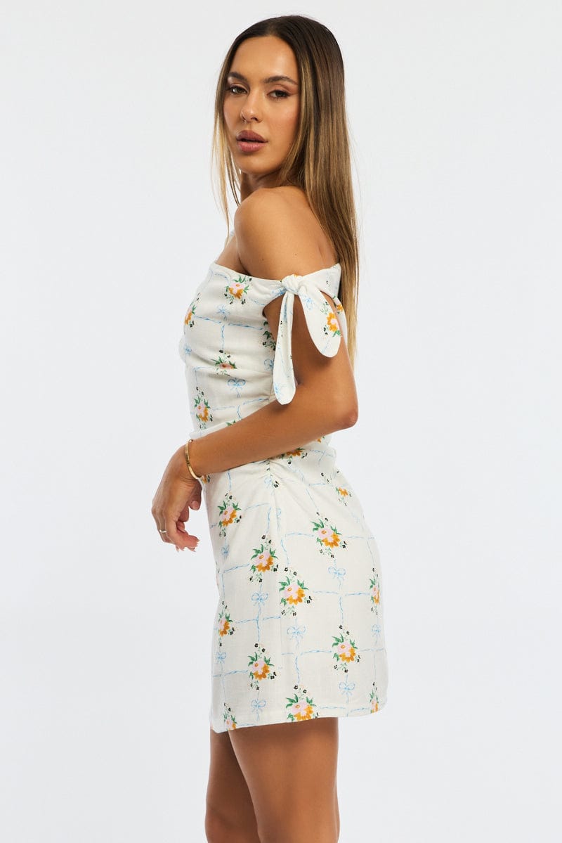 White Floral Bodycon Dress Tie Up Shoulder