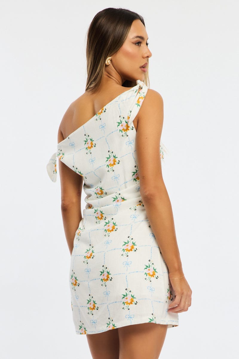White Floral Bodycon Dress Tie Up Shoulder