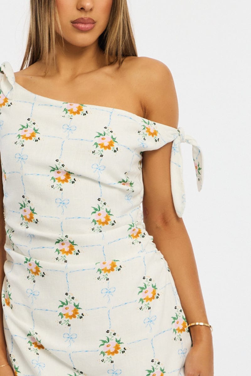 White Floral Bodycon Dress Tie Up Shoulder
