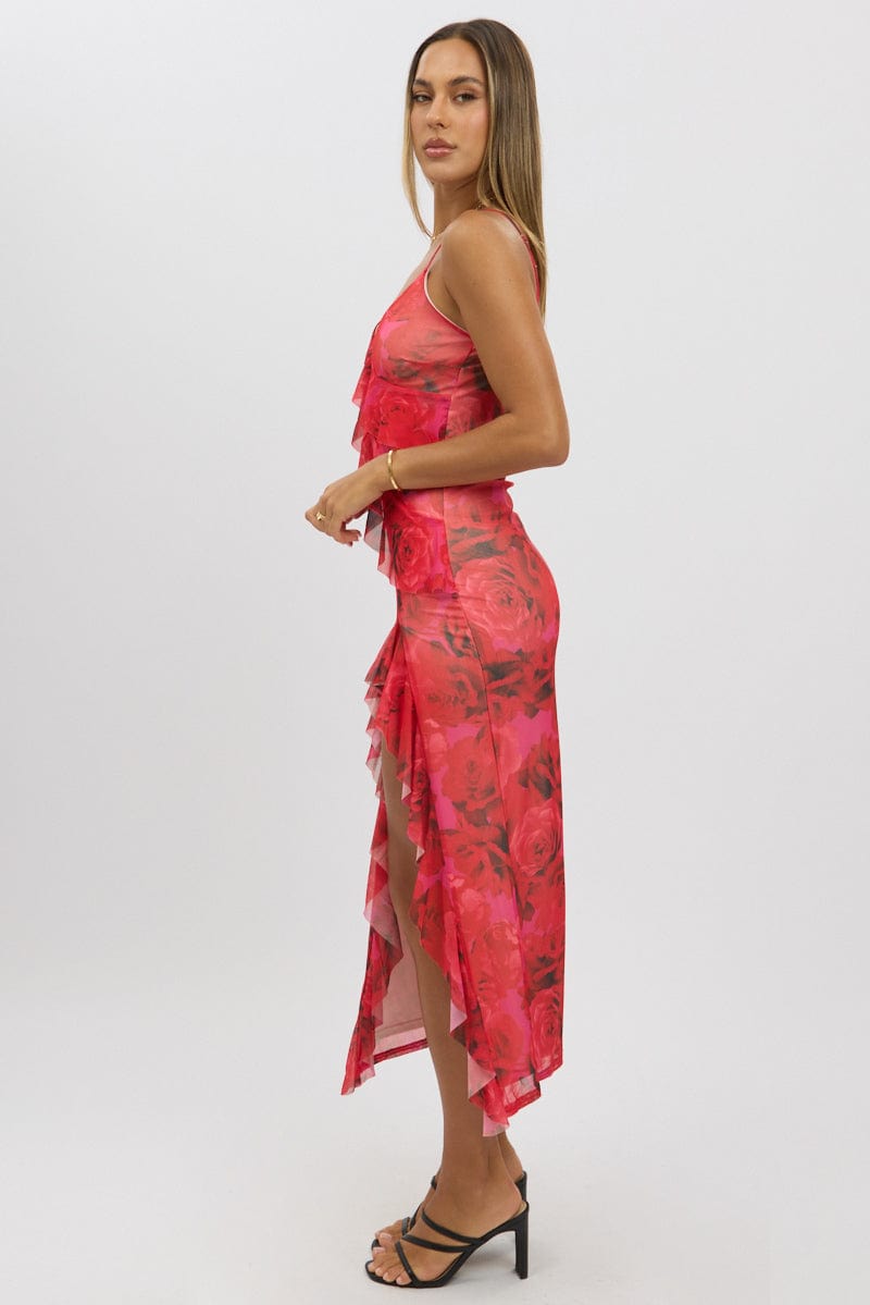 Red Floral Bodycon Dress Ruffle Mesh